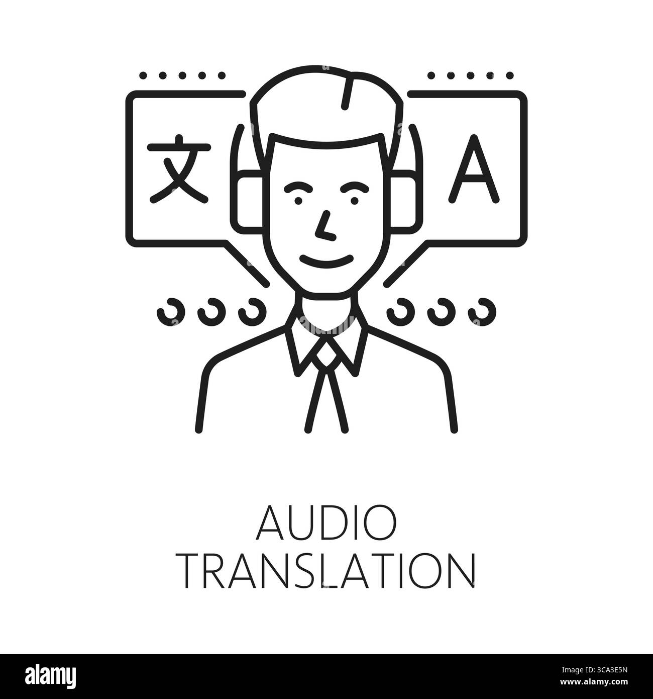 Symbol oder Symbol für Audioübersetzung in englischer Sprache. Fremdsprache Übersetzung lineares Vektorsymbol, englische Übersetzung dünne Linie Symbol. Vokabelzeichen mit Mann, der Kopfhörer trägt Stock Vektor