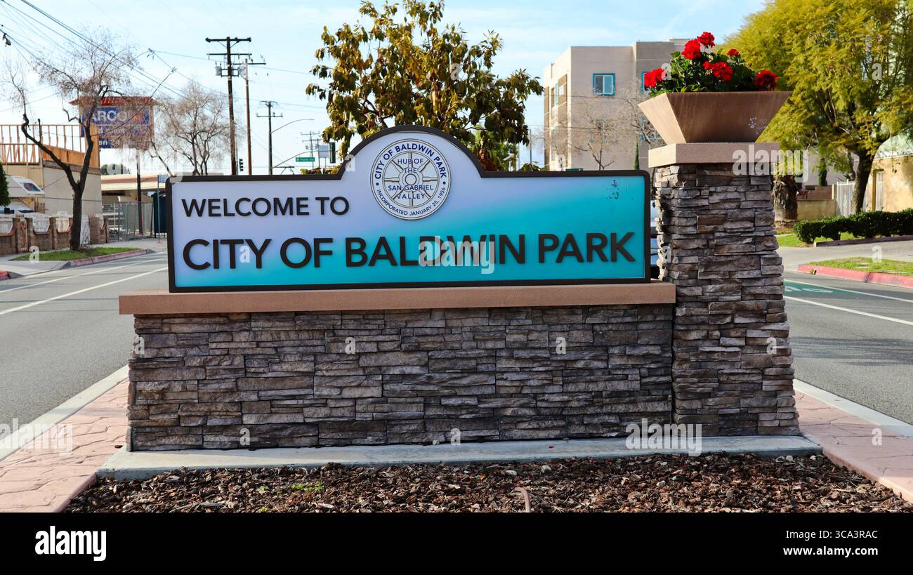 Baldwin Park, Kalifornien: Willkommen im City of Baldwin Park Schild – Hub des San Gabriel Valley Stockfoto