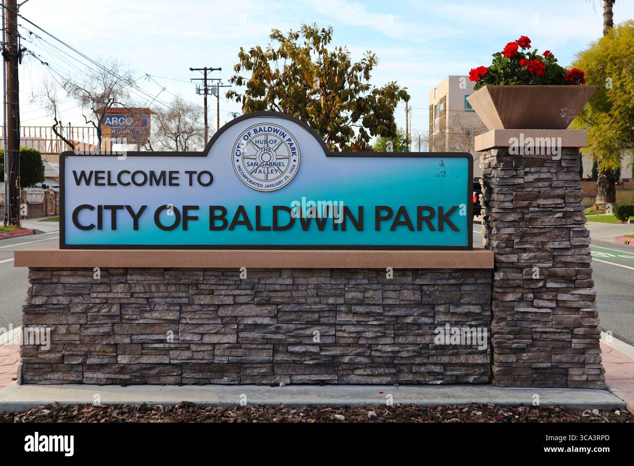 Baldwin Park, Kalifornien: Willkommen im City of Baldwin Park Schild – Hub des San Gabriel Valley Stockfoto