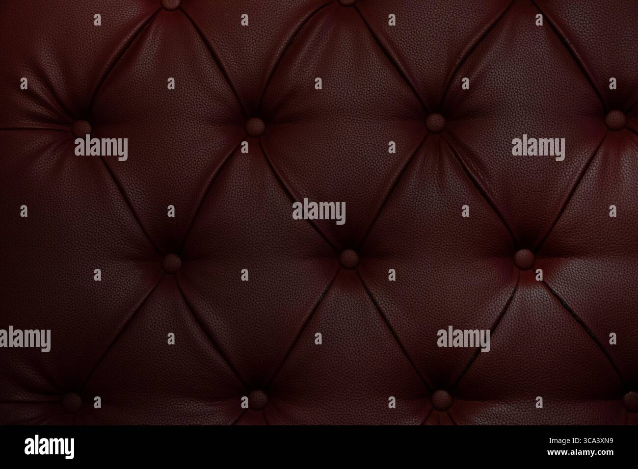 Dunkelrote Ledersofas mit dekorativen Knöpfen, strukturierte Oberfläche als Hintergrund- und Innenausstattung Stockfoto