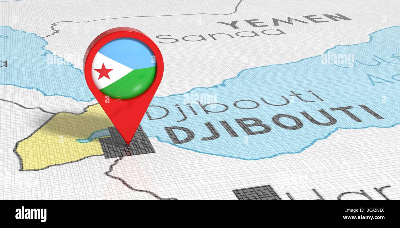 Dschibuti - Standort mit Nationalflagge auf politischer Karte - 3D-Illustration Stockfoto