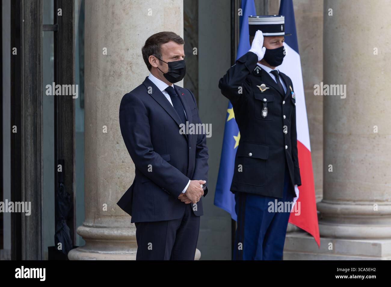 April 2021, Paris, Ile-de-France (Region, Frankreich: Arbeitsessen zwischen dem Präsidenten der Republik, Herrn Emmanuel MACRON, und dem Premierminister der Republik Slowenien, Herrn Janez JANSA, am Donnerstag, den 29. April 2021 (Foto: © Sadak Souici/ZUMA Press Wire) Stockfoto