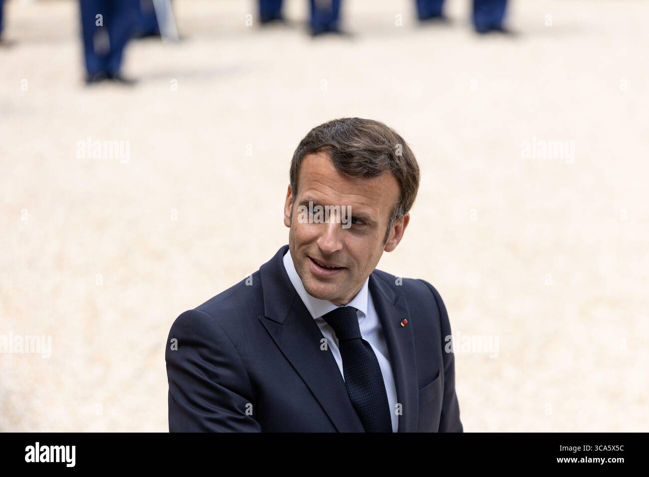 April 2021, Paris, Ile-de-France (Region, Frankreich: Arbeitsessen zwischen dem Präsidenten der Republik, Herrn Emmanuel MACRON, und dem Premierminister der Republik Slowenien, Herrn Janez JANSA, am Donnerstag, den 29. April 2021 (Foto: © Sadak Souici/ZUMA Press Wire) Stockfoto