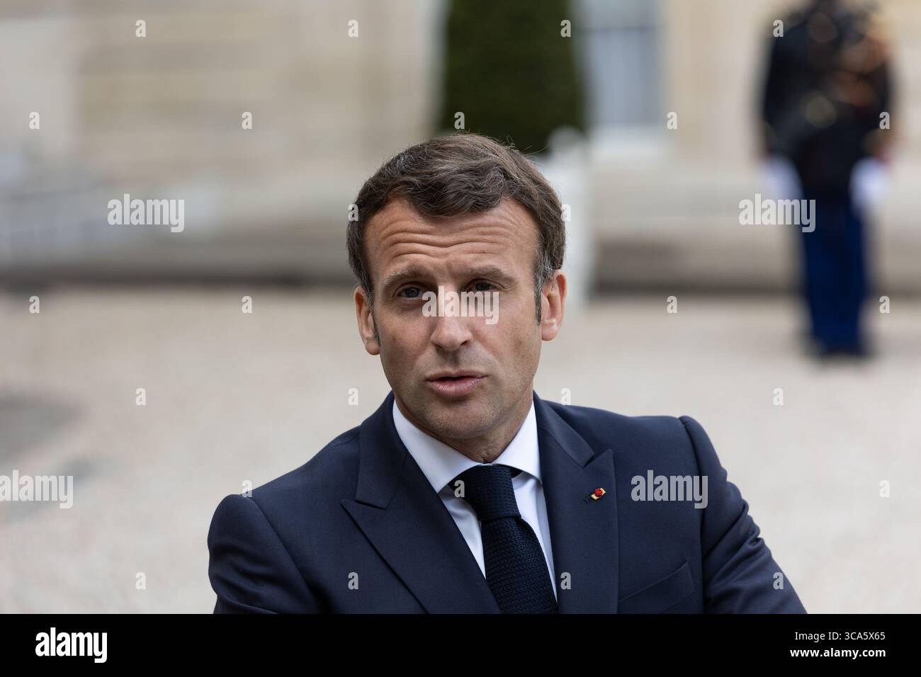 April 2021, Paris, Ile-de-France (Region, Frankreich: Arbeitsessen zwischen dem Präsidenten der Republik, Herrn Emmanuel MACRON, und dem Premierminister der Republik Slowenien, Herrn Janez JANSA, am Donnerstag, den 29. April 2021 (Foto: © Sadak Souici/ZUMA Press Wire) Stockfoto