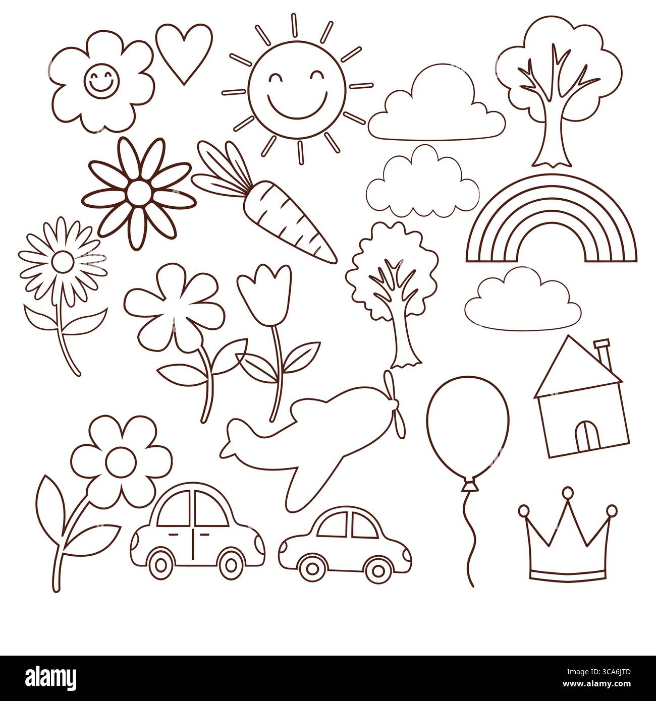 Diese skurrile Illustration zeigt eine Sammlung verspielter Kritzeleien, darunter Blumen, eine lächelnde Sonne, Bäume, einen Regenbogen, Autos. Stock Vektor