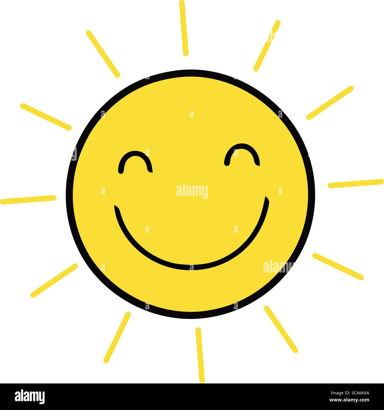 Diese fröhliche Illustration zeigt eine hellgelbe Sonne mit einem glücklichen Gesicht, das Wärme und Positivität ausstrahlt. Stock Vektor