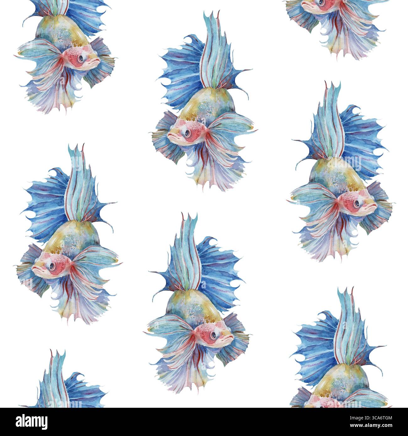 Nahtloses Muster mit kämpfenden siamesischen Aquariumfischen betta splendens strukturiert in Aquarell auf neutralweißem handgemalten Hintergrund gemalt Stockfoto