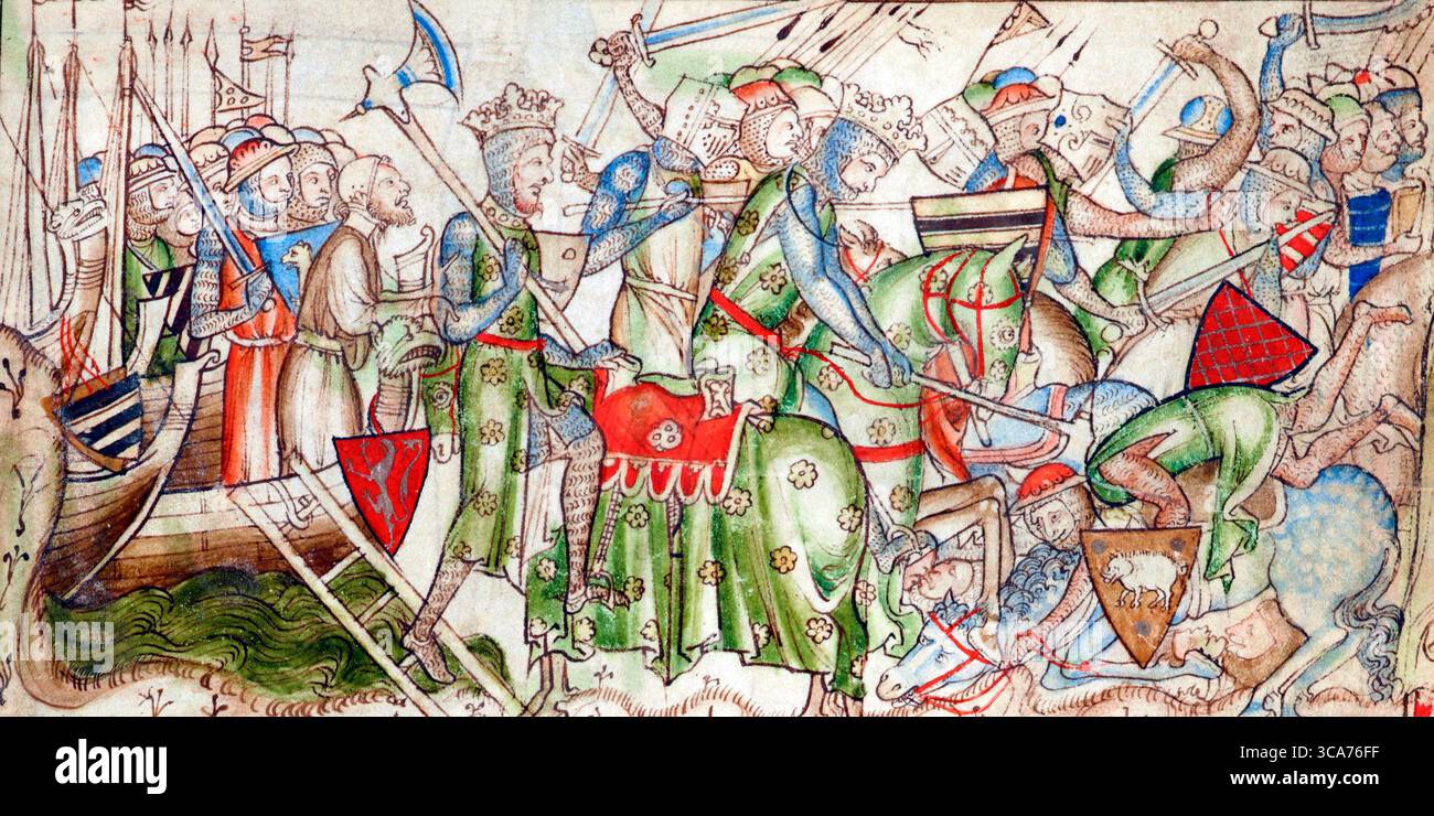 Harald Hardrada (Harald Sigurdsson, ca. 1015-1066). Illustration, die die Ankunft von König Harald von Norwegen und seine Niederlage der Northumbrianer in Fulford zeigt, aus „The Life of King Eduard the Bekenner“ von Matthew Paris, 13. Jahrhundert. Stockfoto