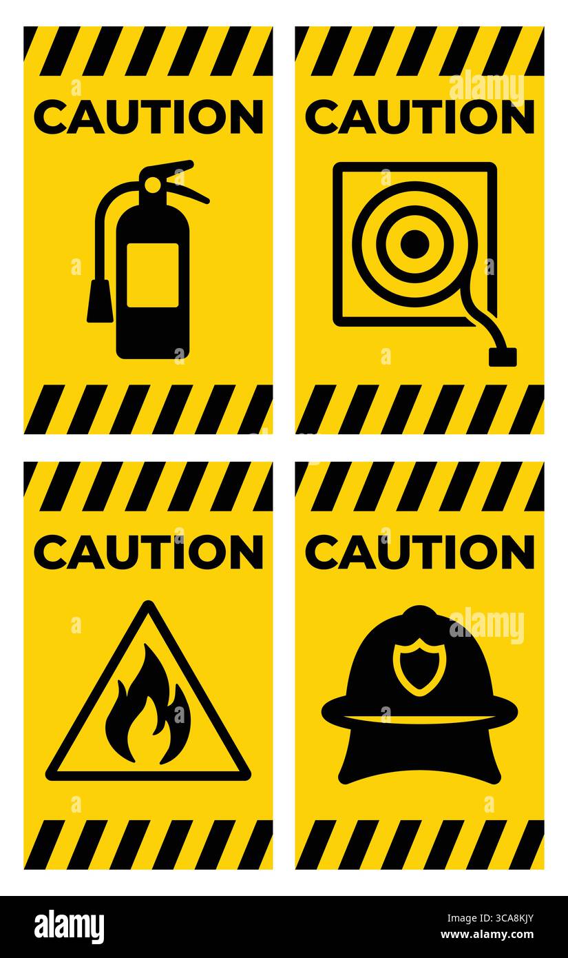 Set von Warnschildern, die Brandschutzelemente wie Feuerlöscher und Alarme hervorheben. Diese Visuals fördern das Bewusstsein und die Vorsorge für Notfälle Stock Vektor