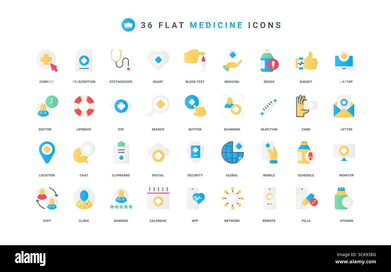 Medizinische Dienstleistungen in Krankenhaus und Online-Medizin, Ärzte verschreibungspflichtige Farbsymbole Set. Klinikbewertung und Beratungskalender, Telemedizin-Service in der mobilen App-Flachelemente-Vektorillustration Stock Vektor