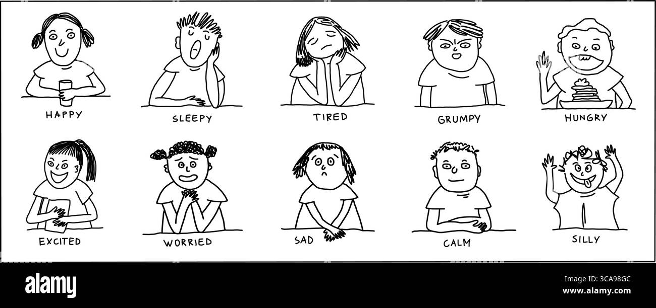 Alltagsgefühle. Handgezeichnete Kids Feelings Clipart-Kollektion Stock Vektor