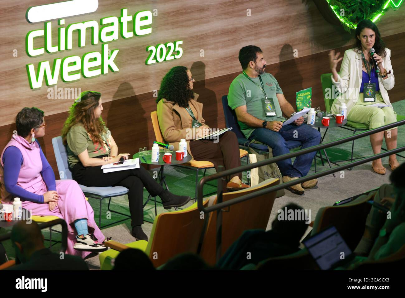Sao Paulo, Sao Paulo, Brasilien. August 2025. Sao Paulo (SP), 6. August 2025 Ã¢â‚¬' Climate Week/Cubo/SP/Panel: Liz Lacerda (Vale Fund), Julia Tatto (Assobio Business), Gabriela Souza Santos (IDESAM), Marcelo Salazar (Mazo), Andrea Resende (Impact Earth) während des Investor to Investor Panel: How to Boost the BioEconomy in the Amazonas at at at Sao Paulo Climate Week 2025. Die Veranstaltung findet vom 4. Bis 8. August statt. Unibanco und Cubo Itau halten es am Mittwoch, den 6. August 2025, zum zweiten Mal im Hauptquartier von Cubo Itau in Vila Olimpia, Sao Paulo ab. (Foto: Leco Viana/Thenews2/Zumapress) Stockfoto
