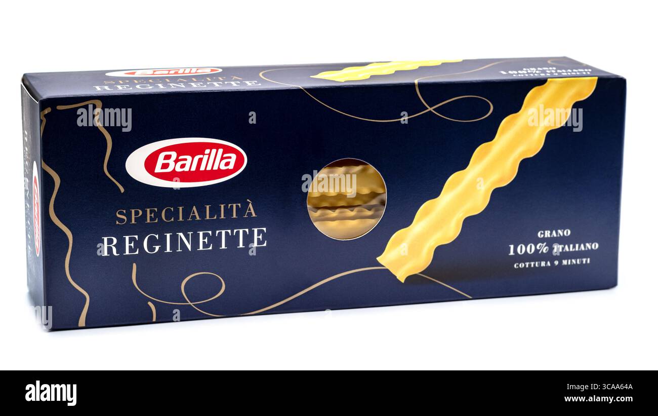Barilla Specialità Reginette, Paket mit italienischen Nudeln, Produkt auf weißem Hintergrund Stockfoto