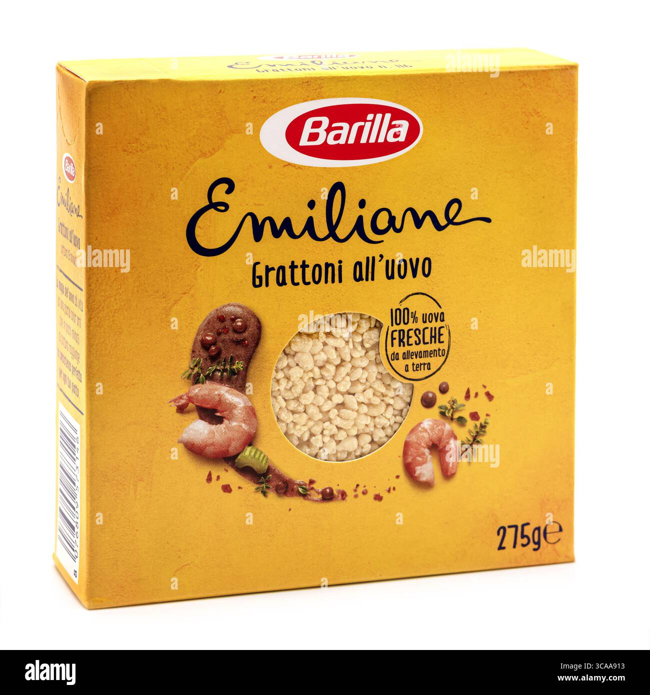 Barilla Emiliane Grattoni All uovo, italienische Pasta-Packung auf weißem Hintergrund Stockfoto