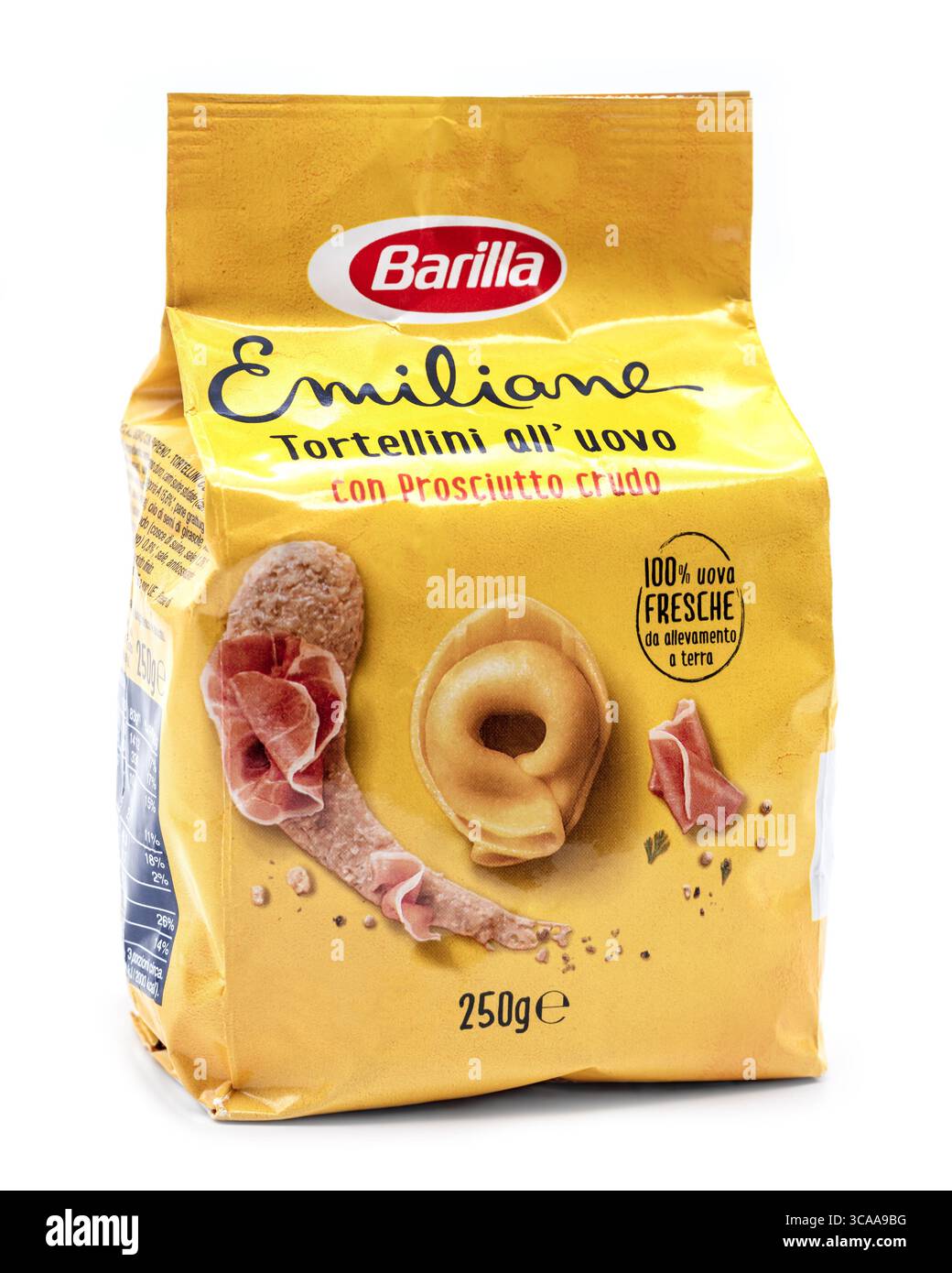 Barilla Emiliane Tortellini All uovo con Prosciutto crudo, italienische Pasta-Packung auf weißem Hintergrund Stockfoto