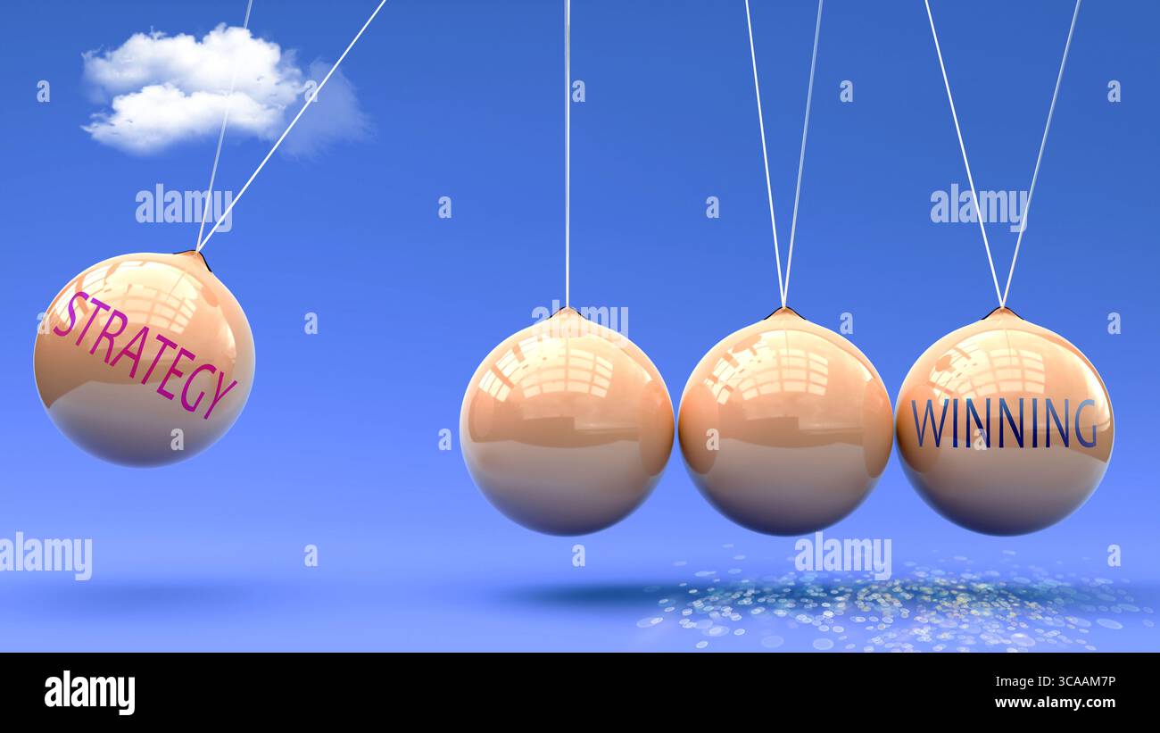 Strategie bringt Erfolg. Eine Metapher der Newton-Wiege, in der Strategie dem Sieg Impulse gibt. Ursache-Wirkung-Beziehung zwischen Strategie und Gewinn Stockfoto