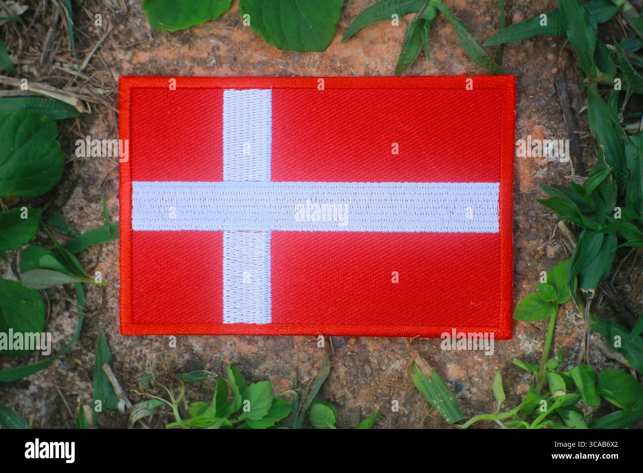 Dänemarks handgenähte Flagge liegt auf einem moosigen Stein im Wald. Grüne Pflanzen umgeben sie, und Sonnenlicht hebt eine ruhige, erdbewußte Botschaft hervor Stockfoto