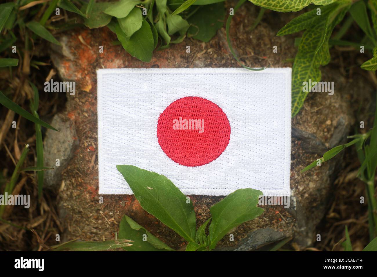 Natürliches Licht beleuchtet eine handgefertigte japanische Flagge, die auf einem Stein in einem Waldweg platziert wird. Umgeben von Gras und Blättern. Ruhig, umweltfreundlich und symbolisch. Stockfoto