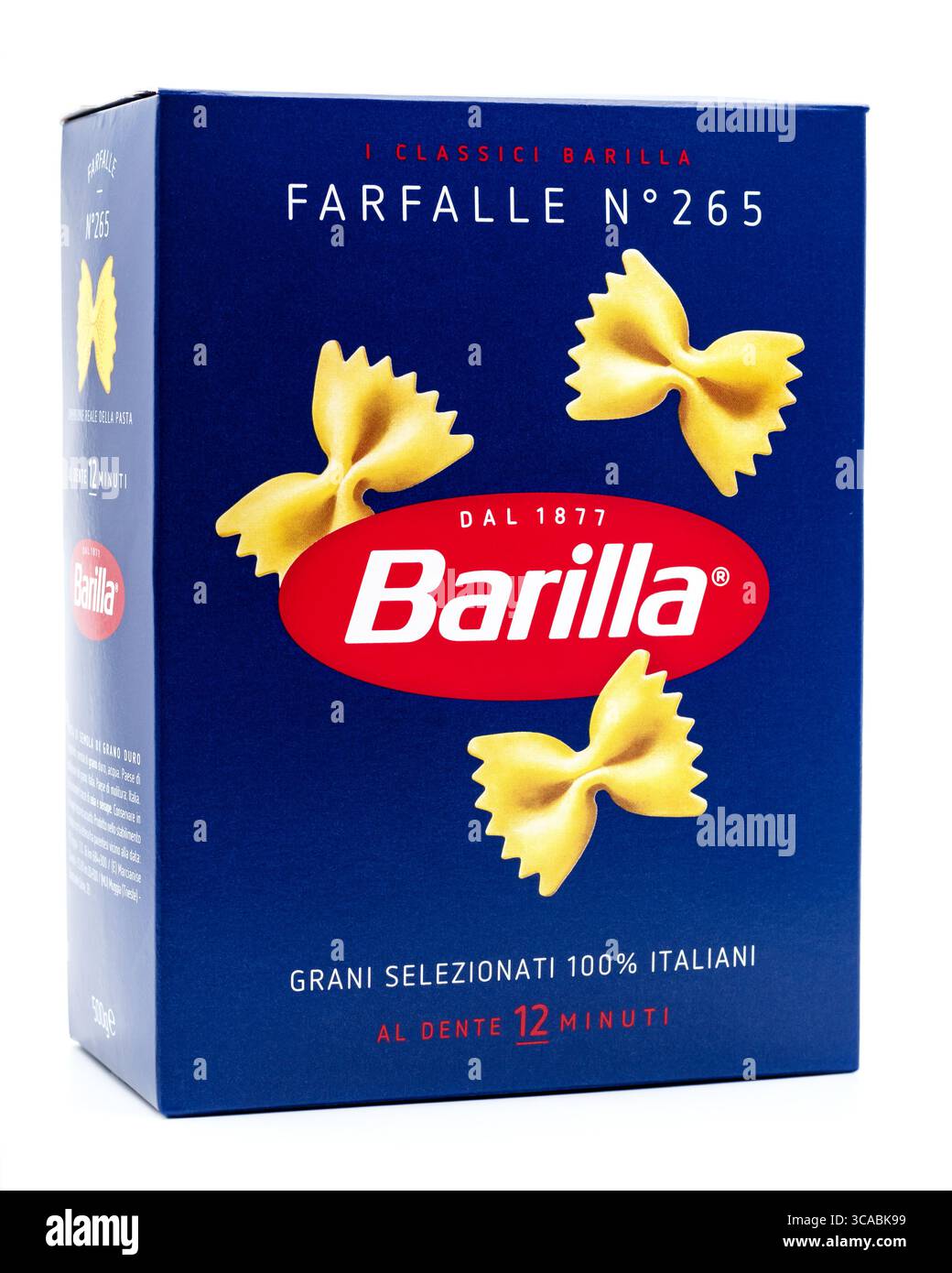 Barilla Farfalle n 265, Pasta mit Fliege, Paket auf weißem Hintergrund Stockfoto