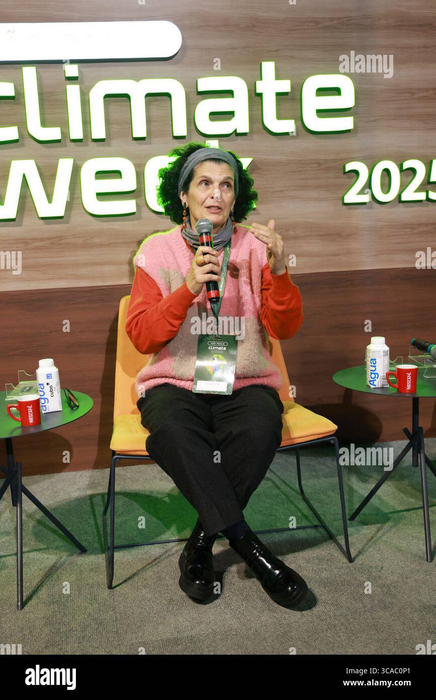 Sao Paulo, Sao Paulo, Brasilien. August 2025. Sao Paulo (SP), 6. August 2025 Ã¢â‚¬ Klimawoche/Cubo/SP: Teresa Bracher (Taquari vivo Institut), während der Podiumsdiskussion; die Pantanal als Erhaltungshorizont, Sao Paulo Klimawoche 2025, die Veranstaltung findet vom 4. Bis 8. August statt, Unibanco und Cubo Itau halten sie zum zweiten Mal im Hauptsitz von Cubo Itau in Vila Olimpia, Sao Paulo, Sao Paulo, diesen Mittwoch, 6. August 2025, statt. (Foto: Leco Viana/Thenews2/Zumapress) (Foto: © Leco Viana/TheNEWS2 via ZUMA Press Wire) NUR REDAKTIONELLE VERWENDUNG! Nicht für kommerzielle ZWECKE! Stockfoto