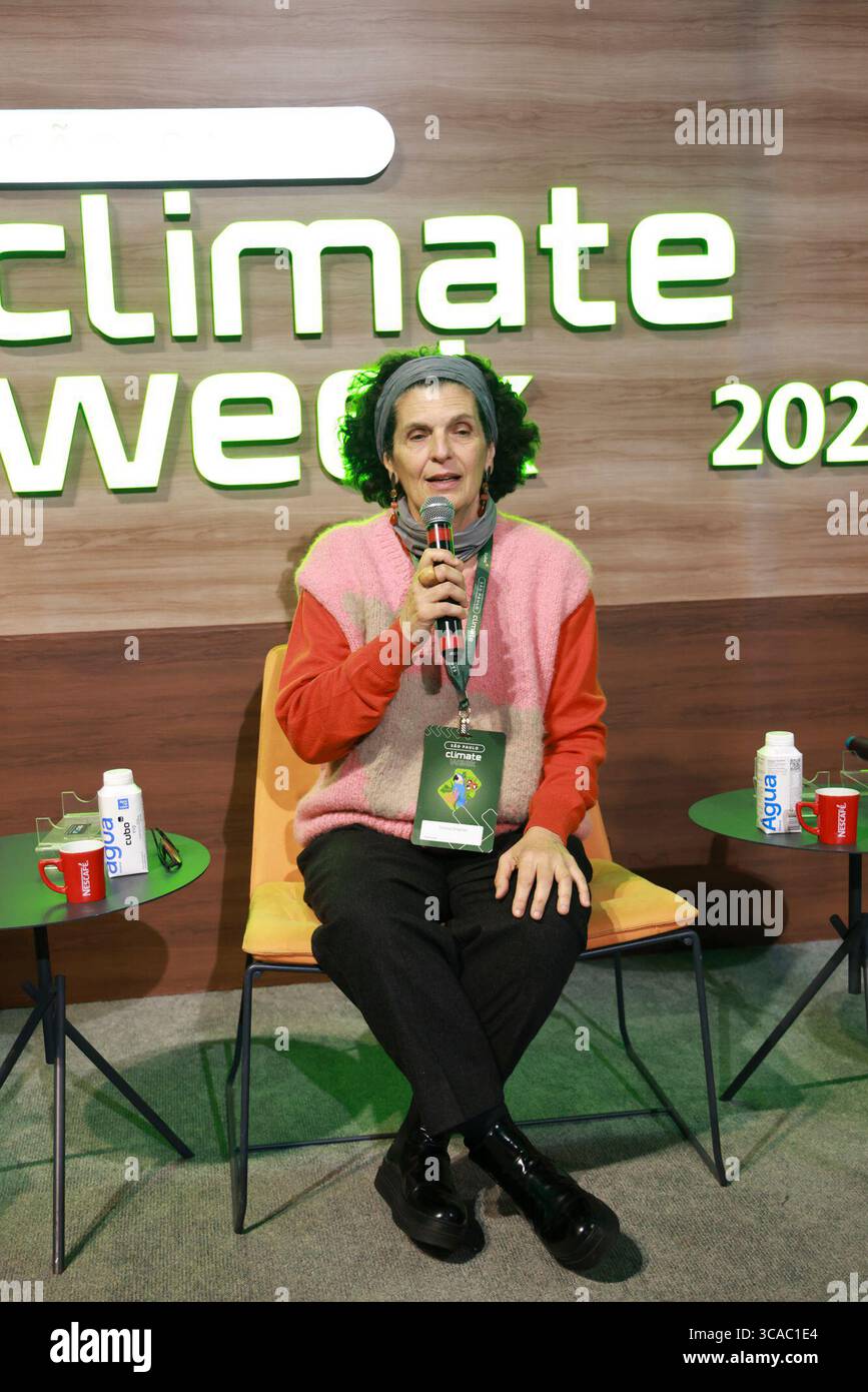 Sao Paulo, Sao Paulo, Brasilien. August 2025. Sao Paulo (SP), 6. August 2025 Ã¢â‚¬ Klimawoche/Cubo/SP: Teresa Bracher (Taquari vivo Institut), während der Podiumsdiskussion; die Pantanal als Erhaltungshorizont, Sao Paulo Klimawoche 2025, die Veranstaltung findet vom 4. Bis 8. August statt, Unibanco und Cubo Itau halten sie zum zweiten Mal im Hauptsitz von Cubo Itau in Vila Olimpia, Sao Paulo, Sao Paulo, diesen Mittwoch, 6. August 2025, statt. (Foto: Leco Viana/Thenews2/Zumapress) (Foto: © Leco Viana/TheNEWS2 via ZUMA Press Wire) NUR REDAKTIONELLE VERWENDUNG! Nicht für kommerzielle ZWECKE! Stockfoto