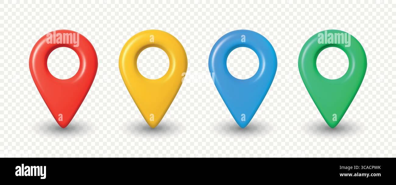 Vektor 3D realistische Kartensymbole in Rot, Gelb, Blau, Grün für GPS-Kartenmarkierung. Symbolsatz für PIN-Zeiger der Navigationskarte für mobile App Stock Vektor
