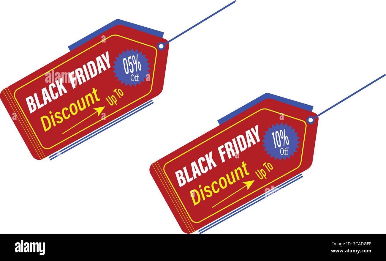 Rot und blau schwarz freitag Rabatt Tag Vektor mit hängendem Etikett und Prozentsatz aus Abzeichen Stock Vektor