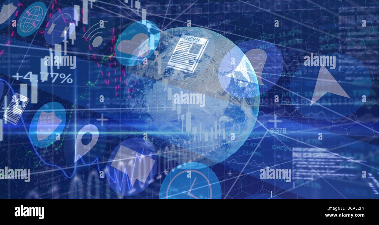 Schwebende, lichtdurchlässige Erdkugel auf dem Daten-Dashboard mit Kerzendiagramm und Wolkensymbolen Stockfoto