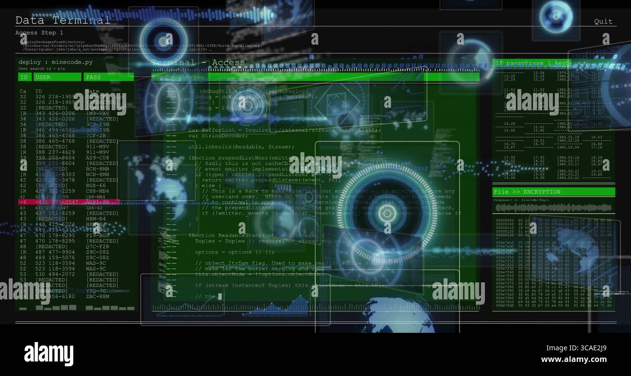 Projektion holografischer Displays, die grünen Code mit HUD-Grafiken auf der Sicherheits-UI übertragen, Verschlüsselung Stockfoto