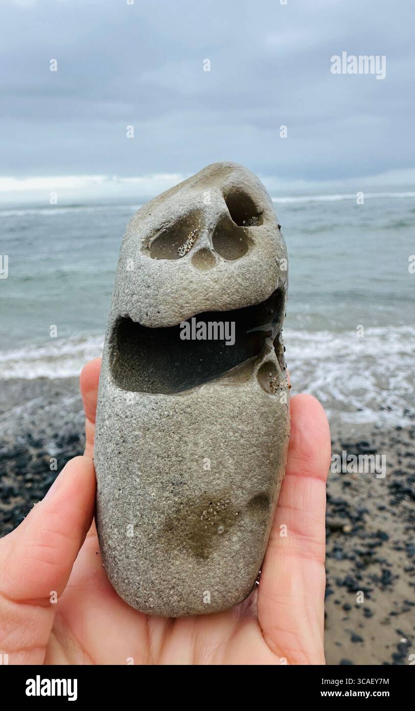 Nahaufnahme einer Hand, die einen Stein hält, an einem Strand in Lincoln City, Oregon. - Smartphone-aufgenommenes Stockfoto