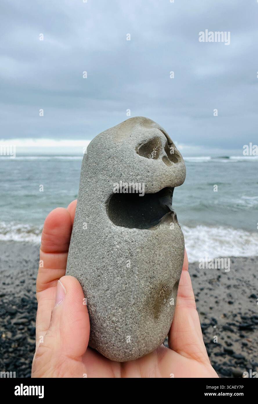 Nahaufnahme einer Hand, die einen Stein hält, an einem Strand in Lincoln City, Oregon. - Smartphone-aufgenommenes Stockfoto