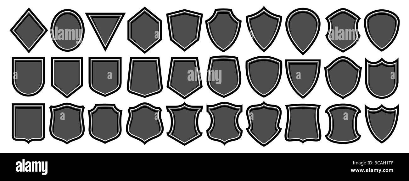 Vector Shield Symbol Set, Sammlung von 30 Illustrationen verschiedene alte Schilde für Retro-Schilder oder Zertifikate, Gruppe von verschiedenen Schildlayouts mit Stock Vektor