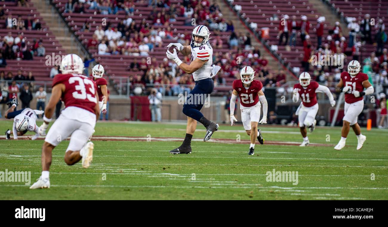 23. September 2023 Palo Alto, CA USA Arizona Tight End Tanner McLachlan (84) Fangen Sie einen tiefen Pass während des NCAA Football Spiels zwischen den Arizona Wildcats und dem Stanford Cardinal. Arizona besiegt Stanford 21-20 im Stanford Stadium Palo Alto, CA Thurman James / CSM (Foto: © Thurman James/CSM via ZUMA Press Wire) Stockfoto