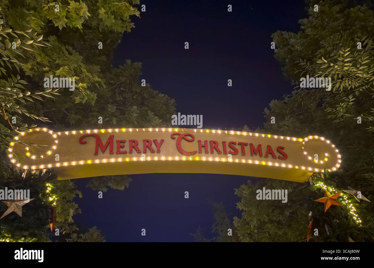 Leuchtendes Merry Christmas-Schild, das einen festlichen Bogengang beleuchtet, umgeben von funkelnden Bäumen und funkelnden Sternen, schafft eine magische Atmosphäre für Ihren Urlaub Stockfoto