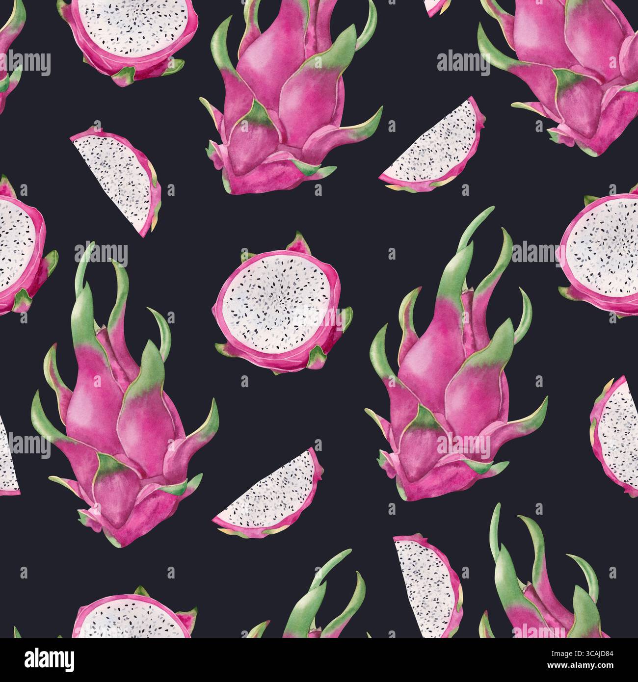 Nahtloses Muster mit Drachenfrucht auf dunklem Hintergrund. Handgezeichnete Illustration mit Aquarell. Stockfoto