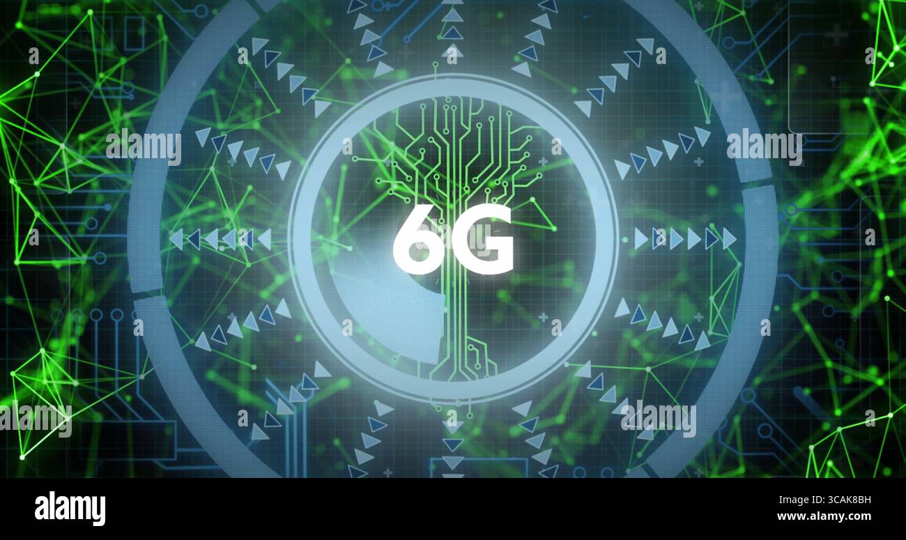 Kreisförmige Schnittstelle mit Schaltungsstruktur und leuchtendem 6G-Text im Netzwerk, mit grünem Netz Stockfoto