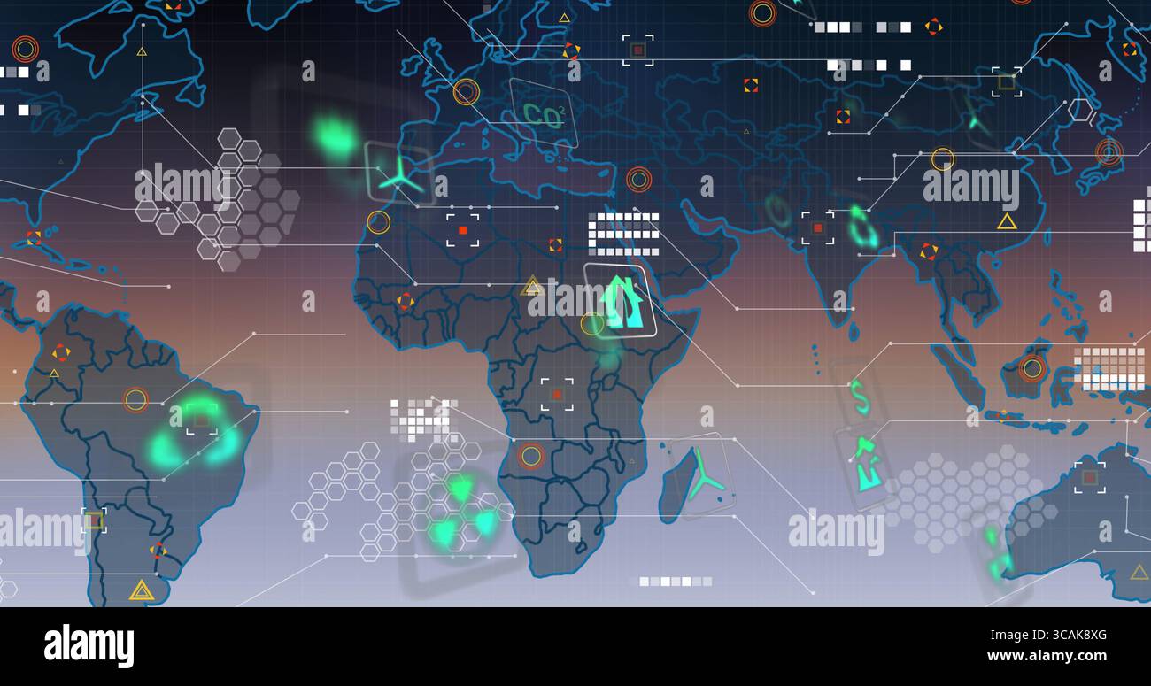 Digitale Weltkarte mit Heatmap-Spots, Hexadezimalrastern, Warnmarkierungen und ECO-Symbolen in der Dashboard-Benutzeroberfläche Stockfoto