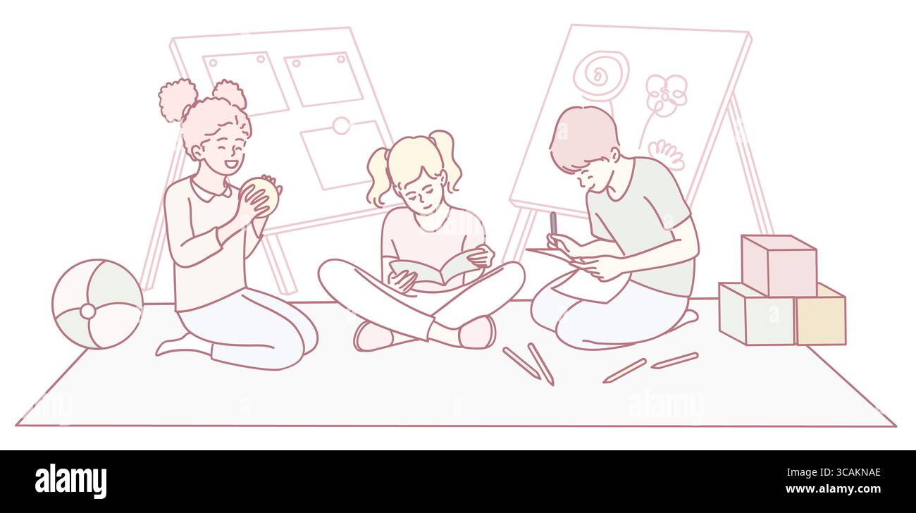 Kinder können mit spannenden kreativen Werkzeugen eine Vielzahl von Kunst-, Lern- und spielerischen Aktivitäten ausüben Stock Vektor