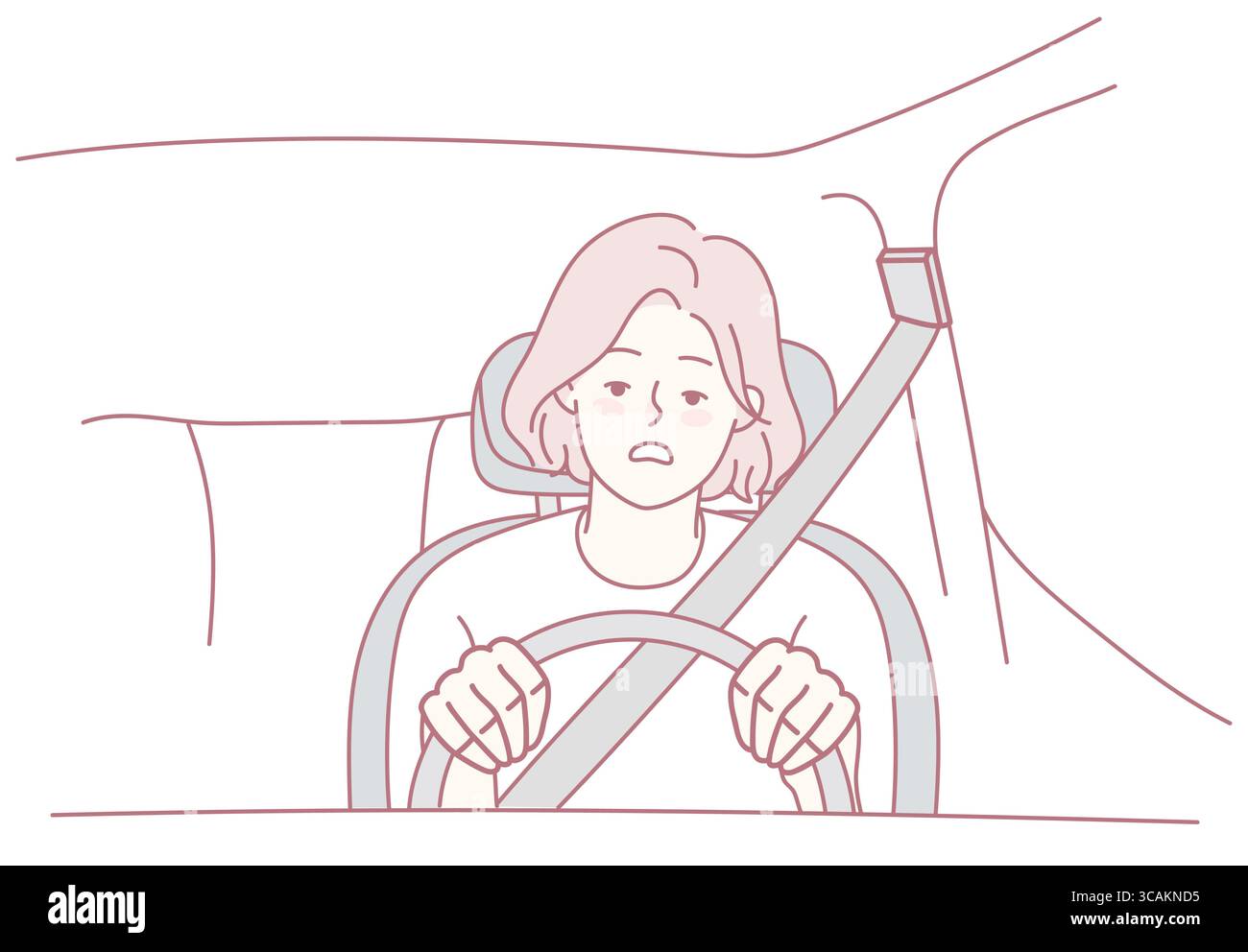 Ein junger Fahrer sieht ängstlich aus, greift das Lenkrad fest und unterstreicht die Notwendigkeit der Straßenverkehrssicherheit Stock Vektor