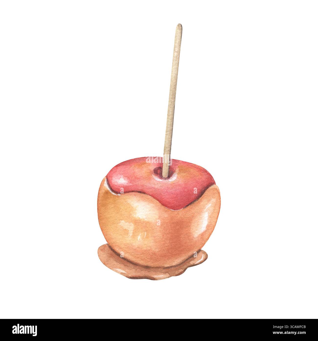 Karamell-Apfel auf einem Stock. Handgemalte Aquarellillustration des Desserts isoliert auf weißem Hintergrund für Wintermessen, Feiertagsessen, festliche Menüs Stockfoto