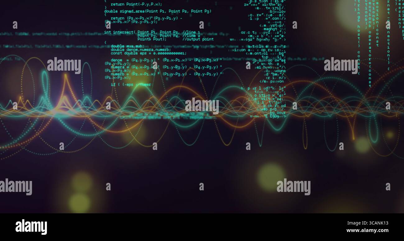 Fließende bunte Wellenformlinien durch den dunklen digitalen Raum mit schwebendem Code und Bokeh-Lichtern Stockfoto