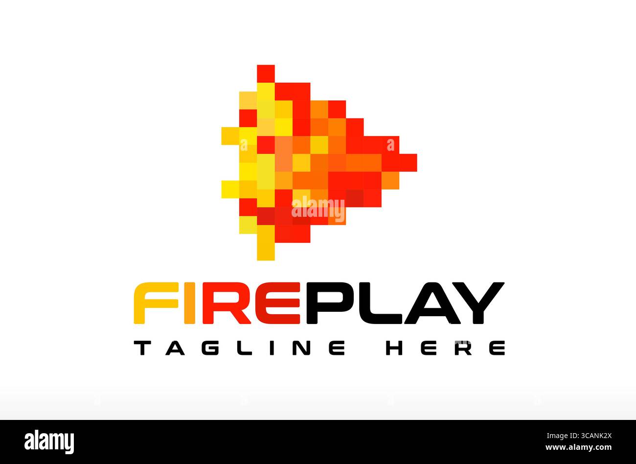 Fire Pixel Play Logo Design, Fire Logo, Entertainment Logo, Studio Logo, Pixeldaten Informationen, App-Symbol, kreatives Feuer, Film- und Filmanimation Stock Vektor