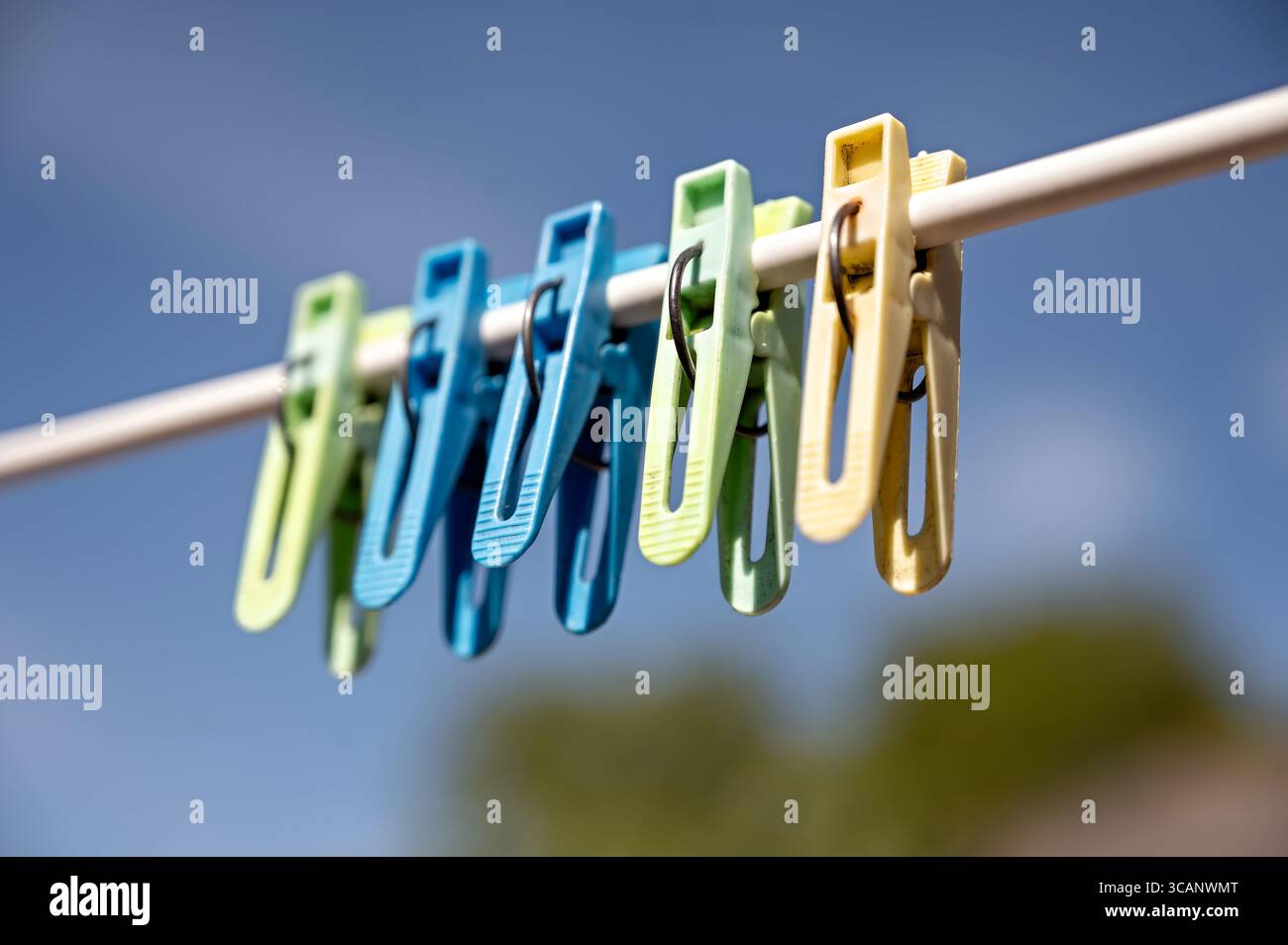 Wäschespins auf einem Wäscheleinen vor dem blauen Himmel im Frühling Stockfoto