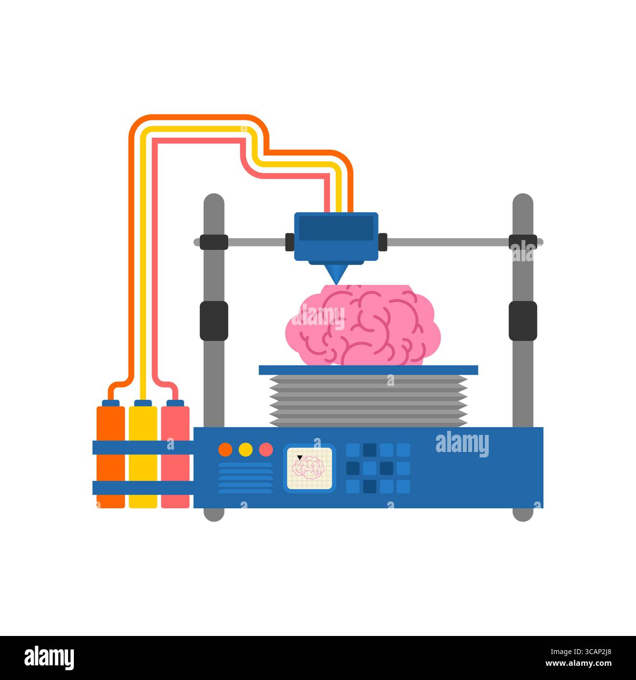 3D-Drucker druckt ein menschliches Gehirn. Steht für KI, Mind Technology, Biotech, Innovation und Zukunftskonzepte. Stock Vektor