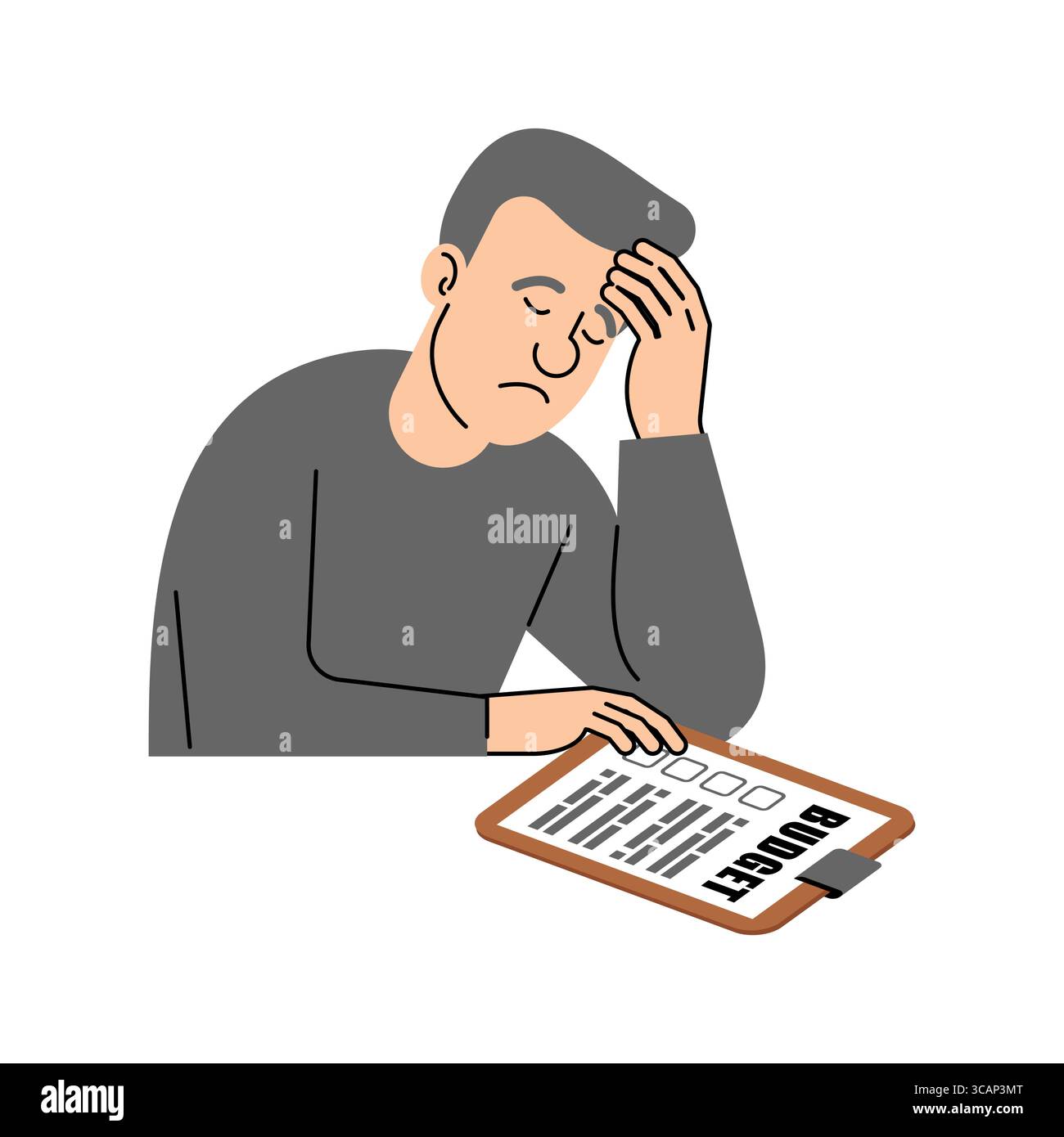 Gestresster Mann, der Rechnungen und Finanzdokumente ansieht. Konzeptionelle Darstellung finanzieller Angst, Schulden oder Geldprobleme. Flacher, moderner Stil. Stock Vektor