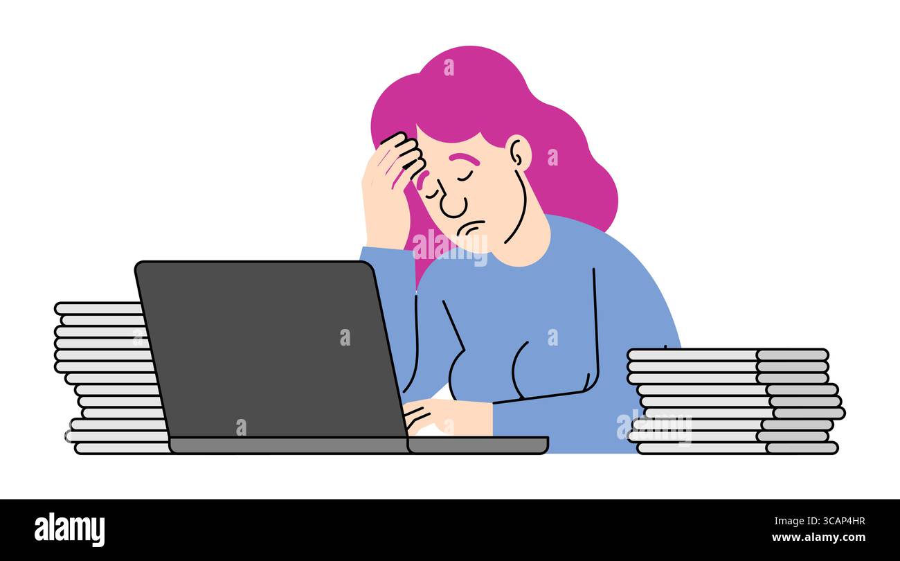 Gestresste Frau, die am Laptop arbeitet, umgeben von unordentlichem Papierkram. Symbol für Arbeitsüberlastung, Termine und Burnout. Perfekt für Unternehmen, Finanzen und Fernzugriff Stock Vektor