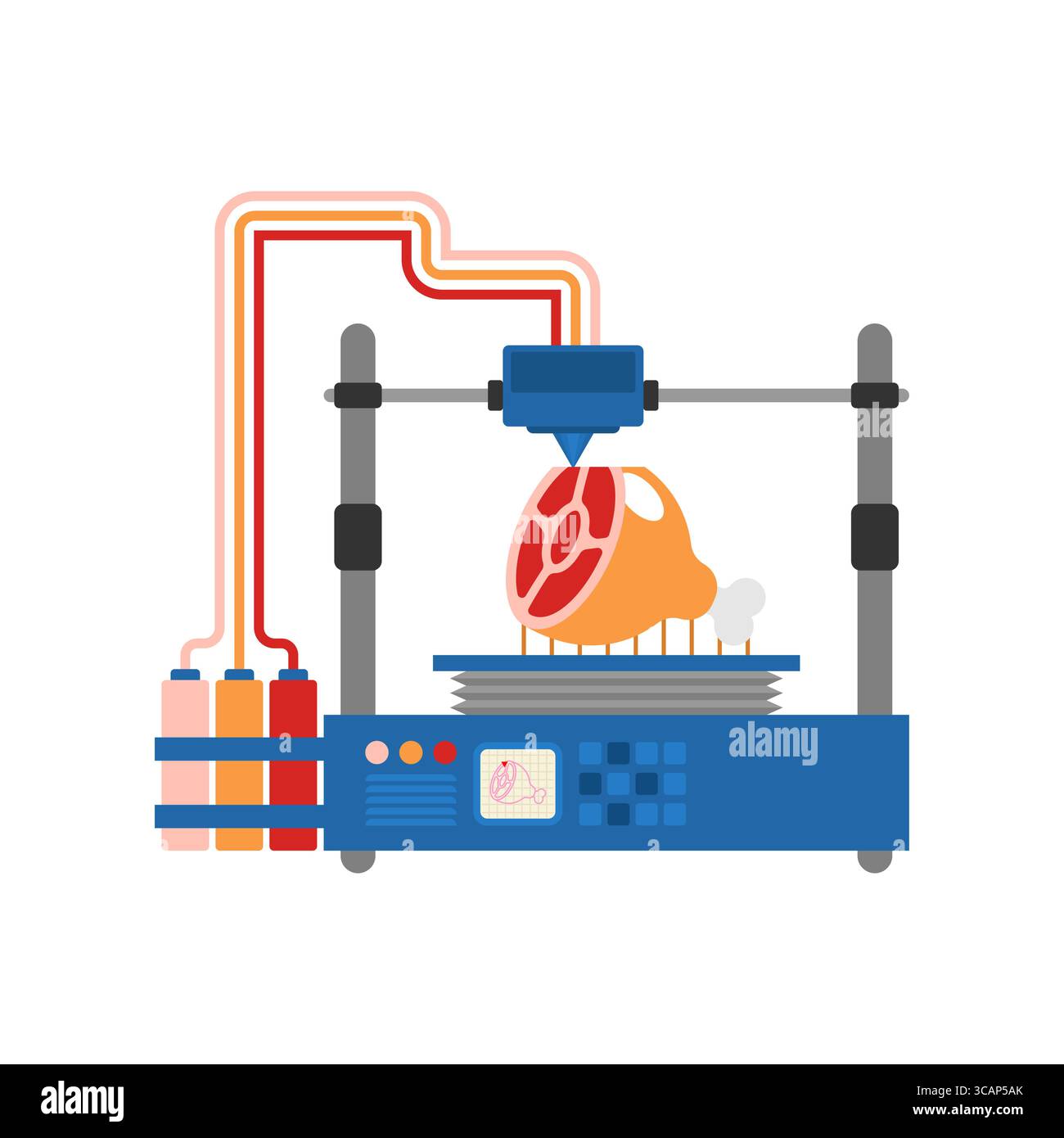 3D-Drucker, der Fleisch aus dem Labor produziert. Futuristisches Konzept synthetischer Lebensmittel, Biotechnologie und alternativer Proteinquellen. Stock Vektor