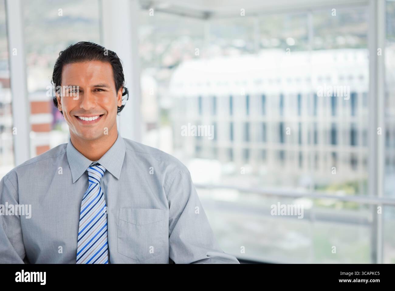 Mann mittleren Alters mit grauem Hemd und gestreifter blauer Krawatte lächelnd in die Kamera im Büro, Kopierraum Stockfoto