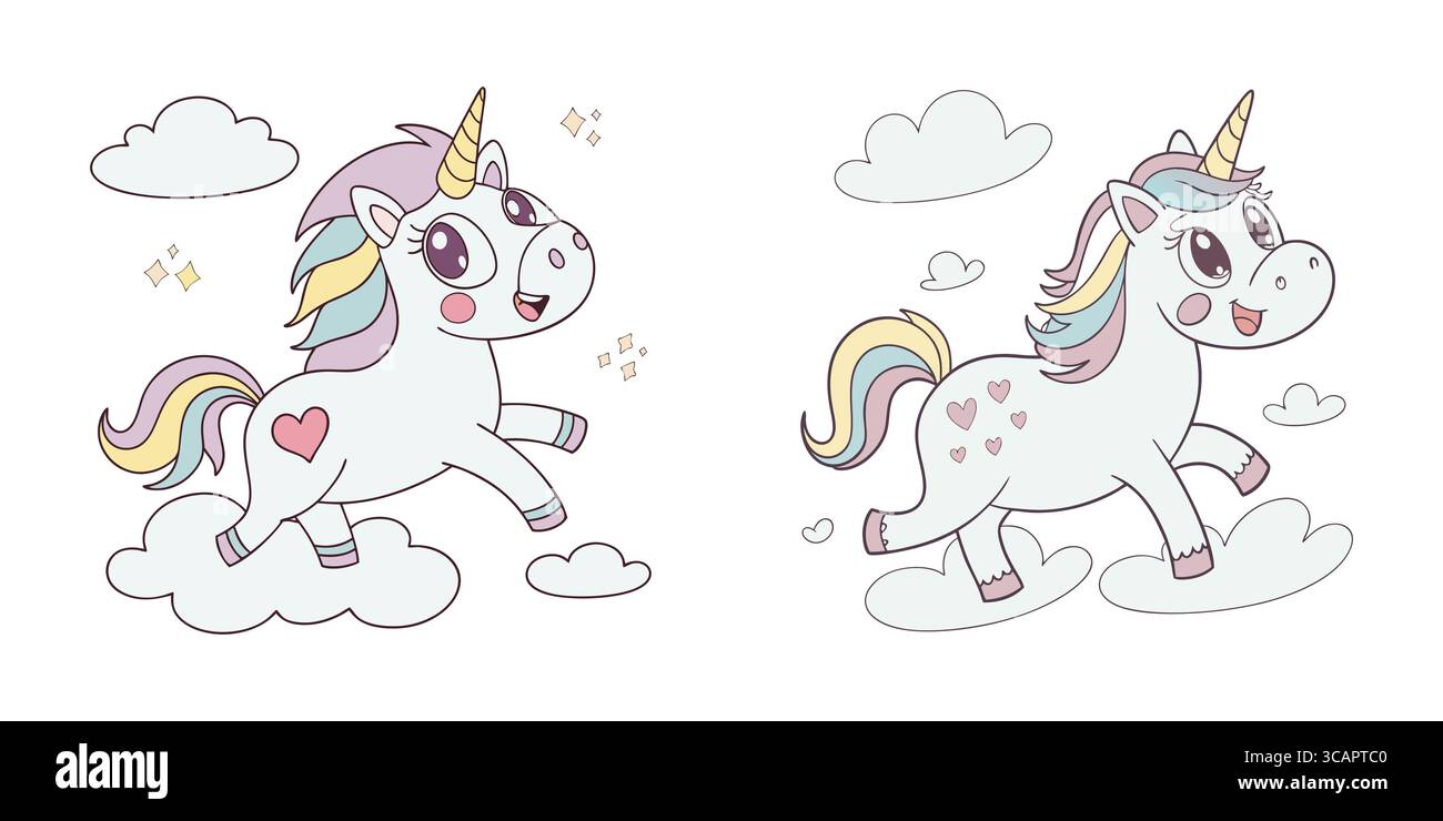 Verspielte Einhörner mit Herzsymbolen und Regenbogenmähnen in den Wolken Stock Vektor