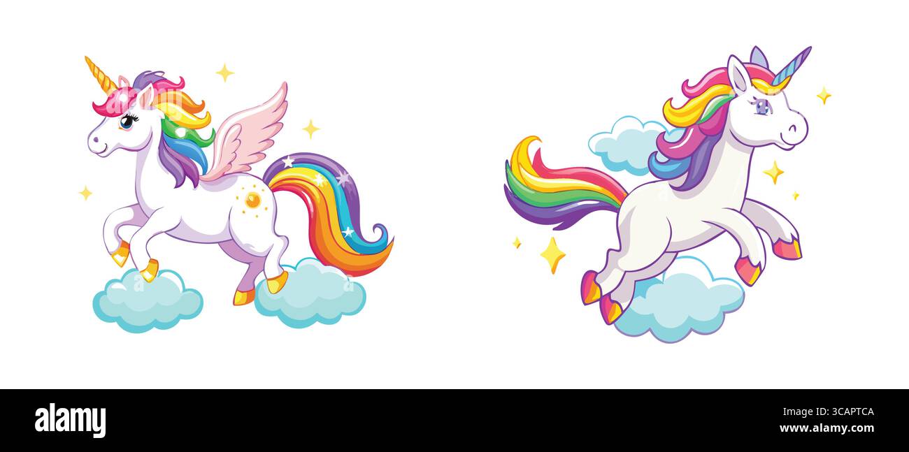 Bunte Regenbogeneinhörner mit Flügeln und Sparkles Stock Vektor